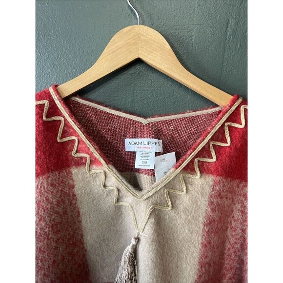 NWT Adam Lippes Target Plaid Mohair Fringe Trim Tassel Poncho Sweater Red S/M - Picture 2 of 3